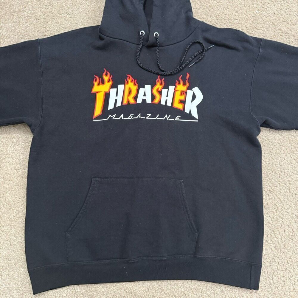 Vtg Thrasher Magazine Classic Flame Logo Y2K Black Hoodie Hooded Sweater Medium